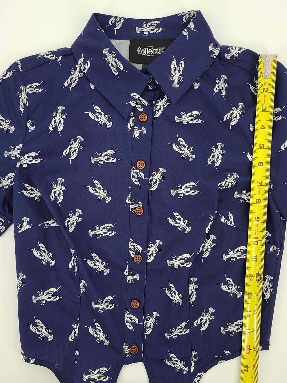 Collectif Blue Cropped Tie Front Blouse With White Lobster Print Size XS - Picture 7 of 12